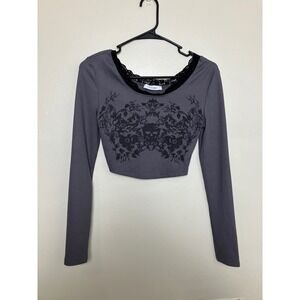 Grunge Crop Top Gray Long Sleeve Skull Floral‎ Lace Trim Gothic XS